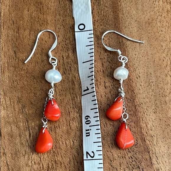 Elegant S. Silver, Coral and freshwater Pearl Dangle Earrings - Picture 7 of 7